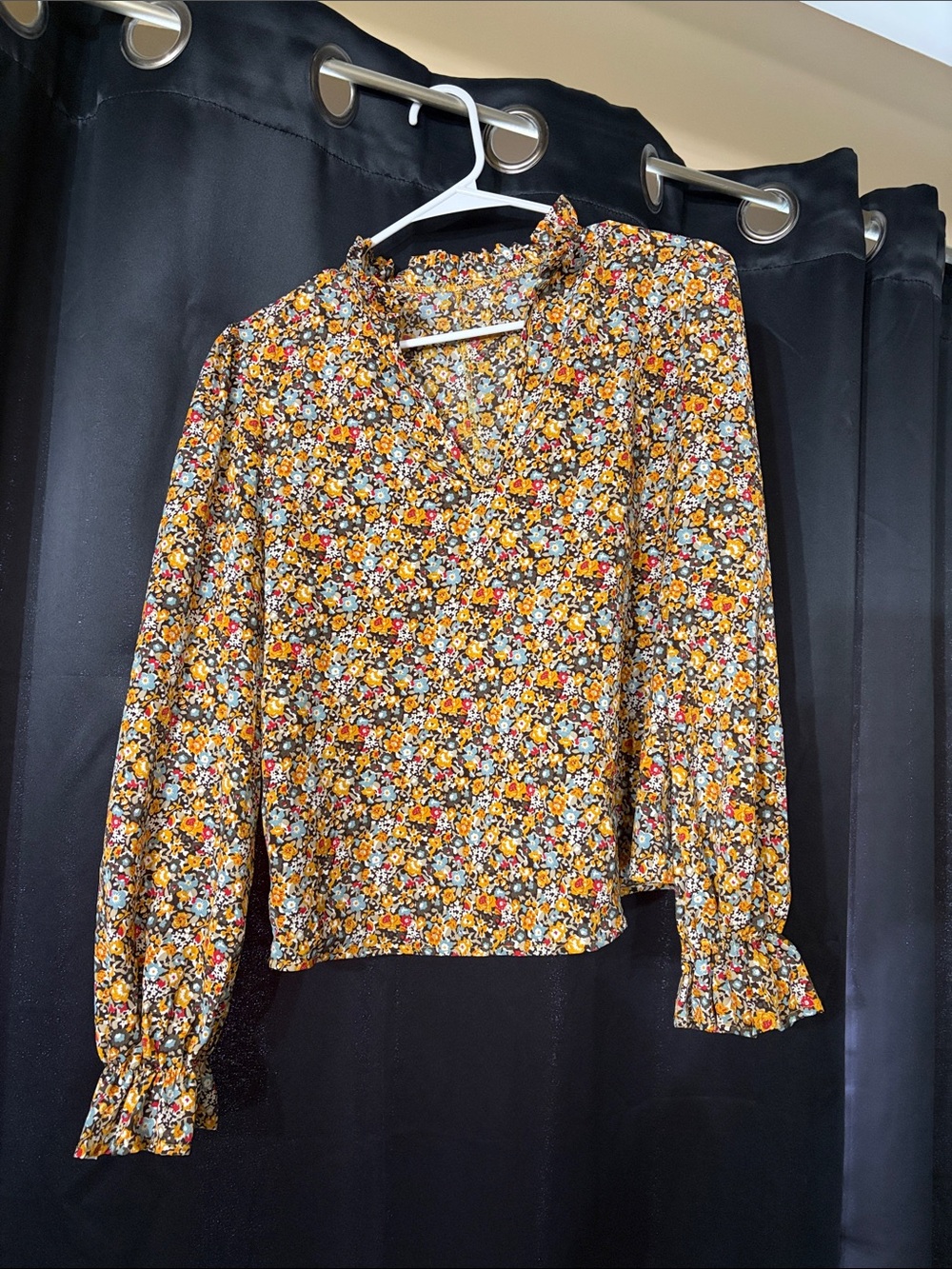 SHEIN Floral Ruffle Neck Long-Sleeve Blouse - Yellow Floral
